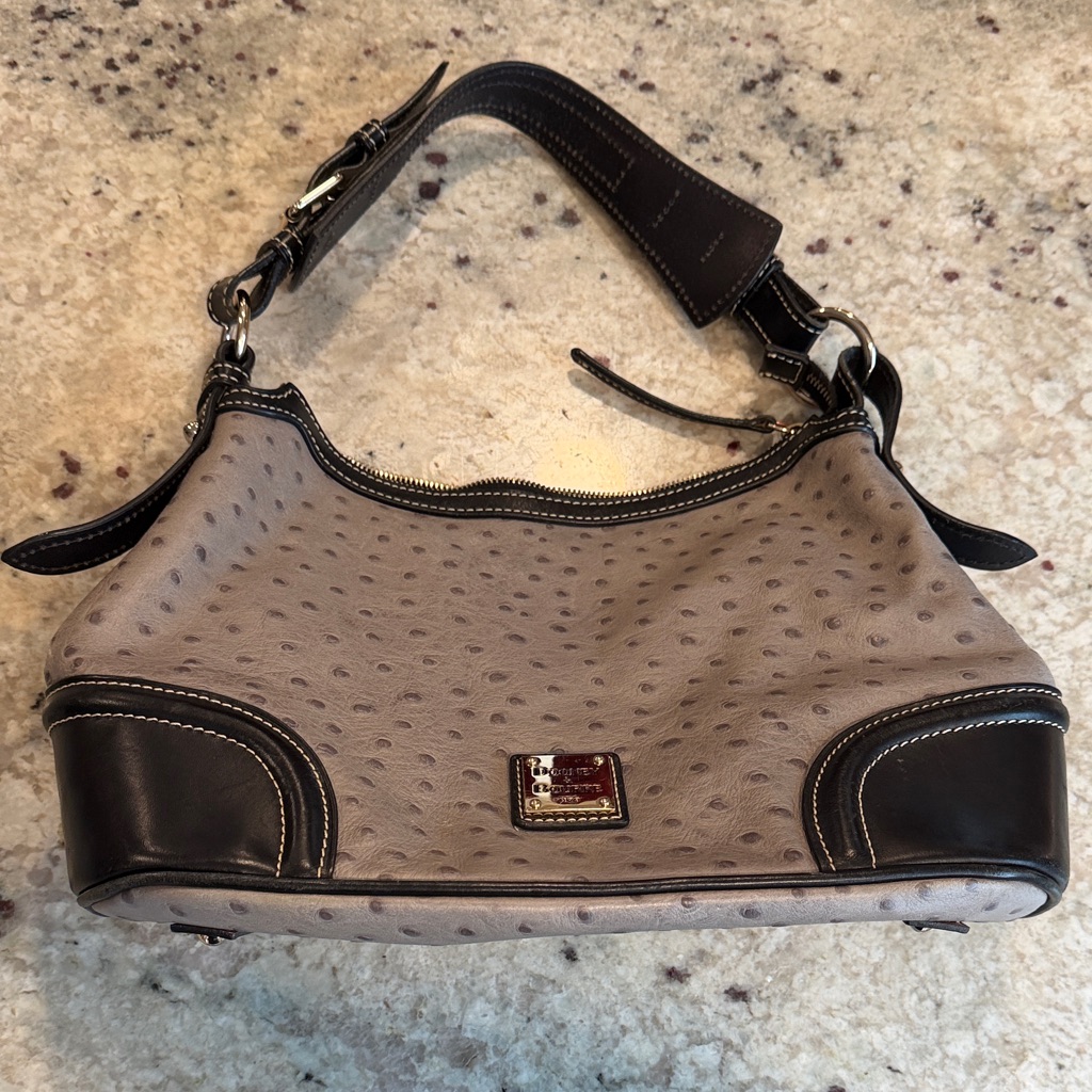 Dooney & Bourke Gray And Black Ostrich-Embossed Shoulder Bag